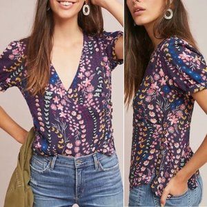 Anthro Meadow Rue Eldoret Purple Floral Wrap Top